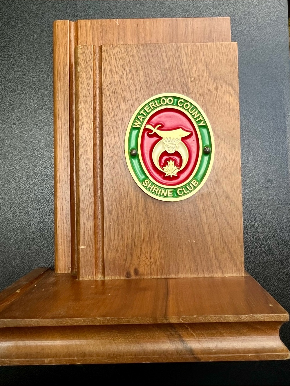 Waterloo County Shrine Club Wooden Bookend Enamel Plaque